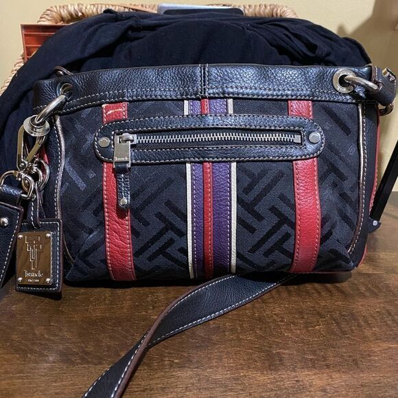 TIGNANELLO MULTICOLOR STRIPE COMPACT FABRIC/LEATHER CROSSBODY MESSENGER BAG - Picture 1 of 6